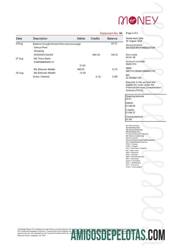 Extrato Virgin Money do Reino Unido, exemplo de 3 páginas 2